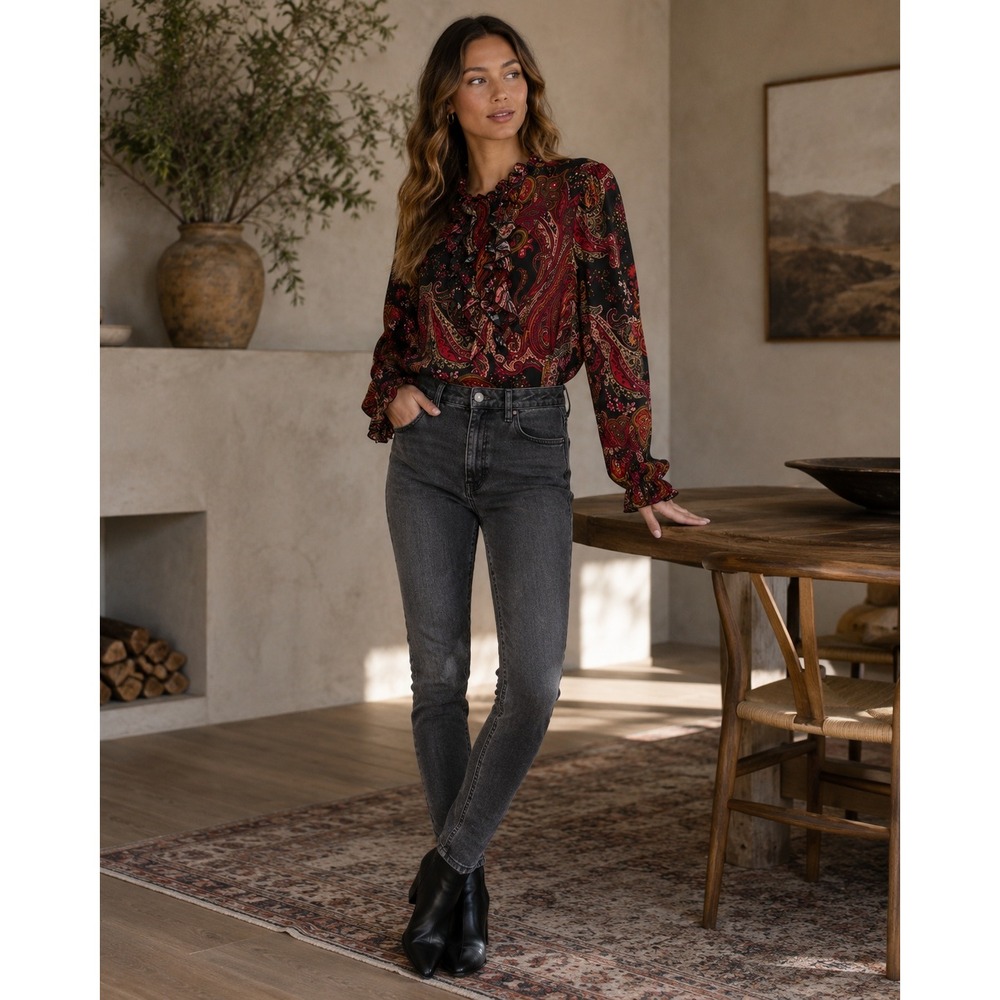 Zara Blouse Women XS Black Red Pink Paisley Ruffle Boho Romantic